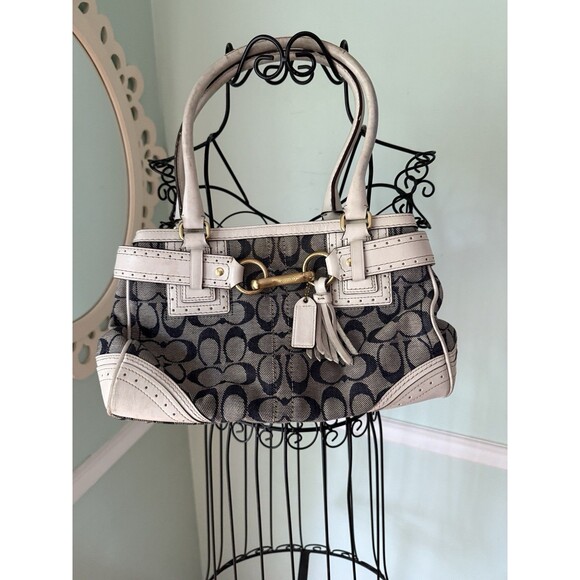 AUTHENTIC COACH DENIM BLUE AND WHITE SIGNATURE BELTED CARRYALL #10507 GUC - Picture 1 of 10